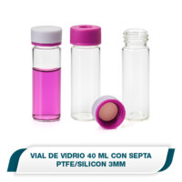 vial de vidrio 40 ml certificado <10 ppb TOC, claro, tapa de polipropileno abierta con septa de PTFE/silicon 3mm de espesor, caja con 72 piezas