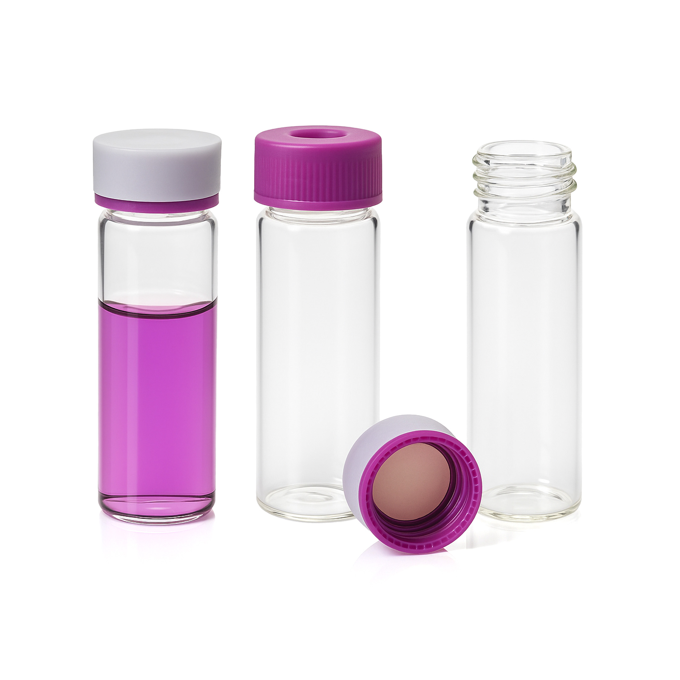 Vial de vidrio 40 ml, certificado <10 ppb TOC, claro, tapa de polipropileno abierta con septa de PTFE/silicon 1.5mm de espesor, caja con 72 piezas
