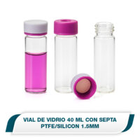 Vial de vidrio 40 ml, certificado <10 ppb TOC, claro, tapa de polipropileno abierta con septa de PTFE/silicon 1.5mm de espesor, caja con 72 piezas